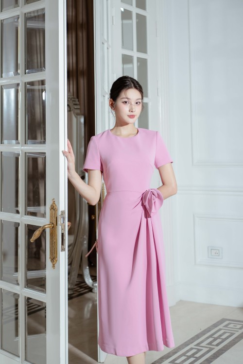 Sixdo Pink Woven Midi Dress With Flower
